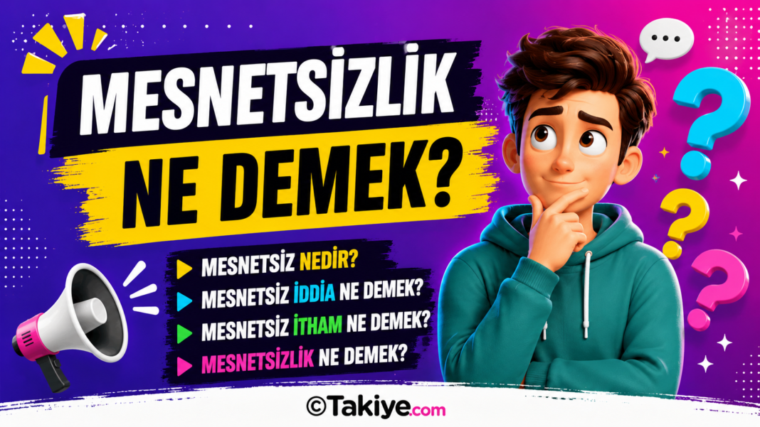 Mesnetsiz Ne Demek? Mesnetsiz İddia ve Mesnetsiz İtham Anlamı Mesnetsiz ne demek sorusunu araştıran genç bir karakter ve mesnetsiz iddia, mesnetsiz itham, mesnetsizlik ne demek konularını anlatan görsel