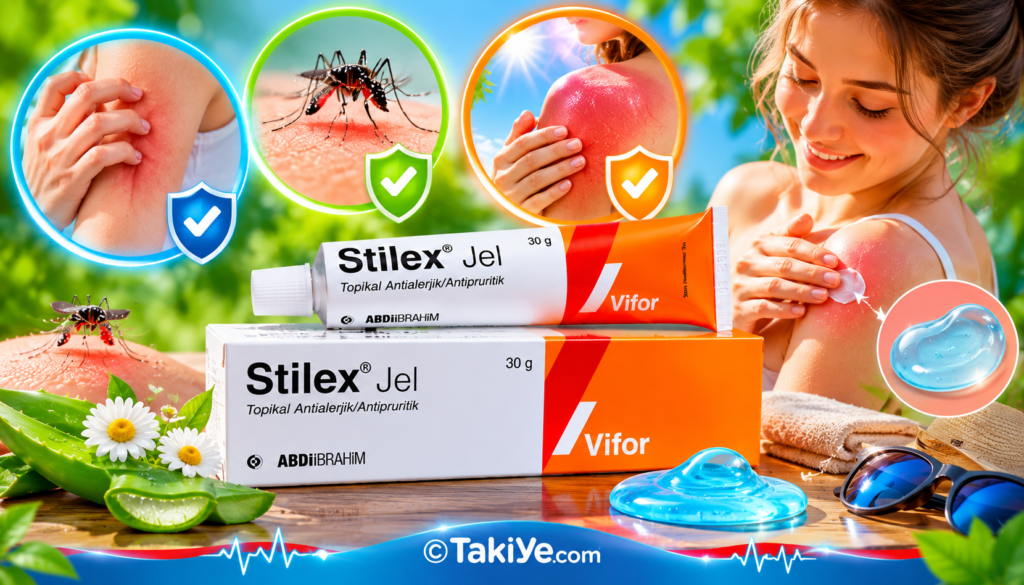 Stilex Jel krem kutusu ve tüpü ile kaşıntı, böcek ısırığı ve hafif yanıkları simgeleyen görsel