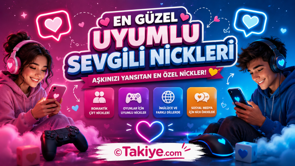 Uyumlu sevgili nickleri konseptinde romantik çift ve renkli sosyal medya teması