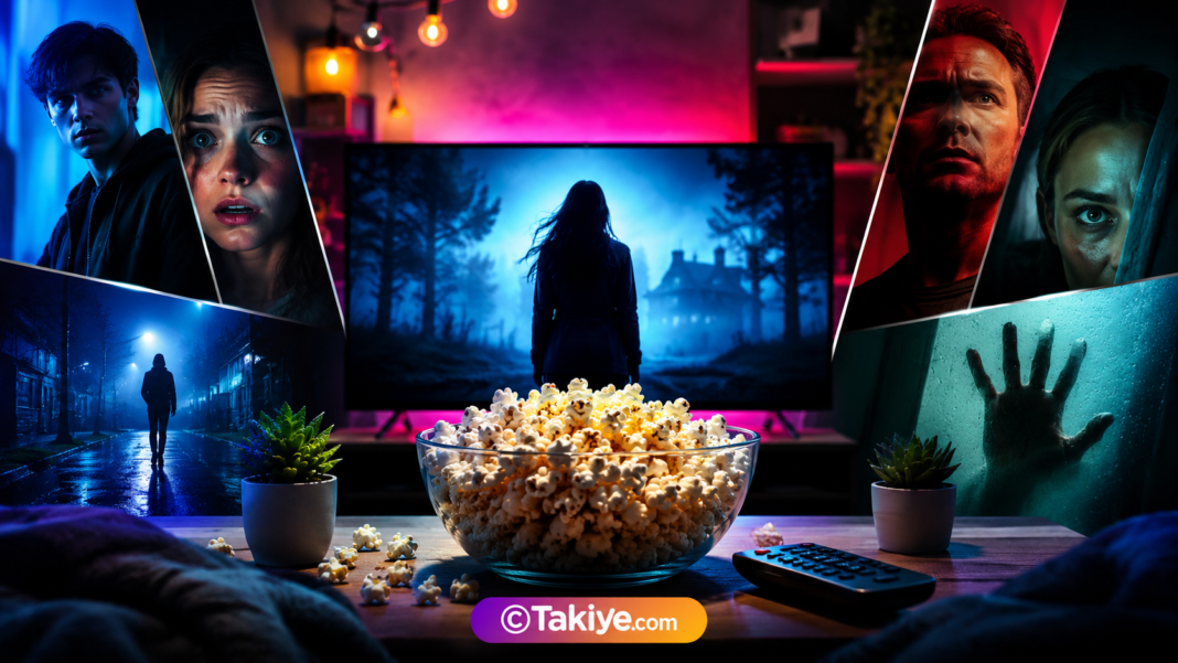 Amazon Prime psikolojik gerilim filmlerini temsil eden, karanlık atmosferli televizyon ekranı ve gizemli karakterlerden oluşan sinematik kolaj.