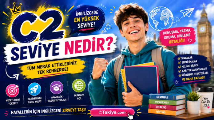C2 seviye nedir konusunu anlatan, İngilizce öğrenen genç öğrencinin yer aldığı renkli eğitim görseli