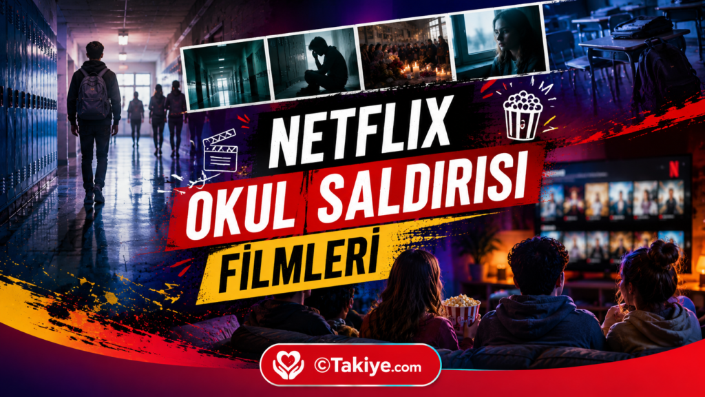 Netflix okul saldırısı filmleri hakkında hazırlanan makale için okul koridoru, genç izleyiciler ve film sahnelerinden oluşan sinematik kapak görseli.