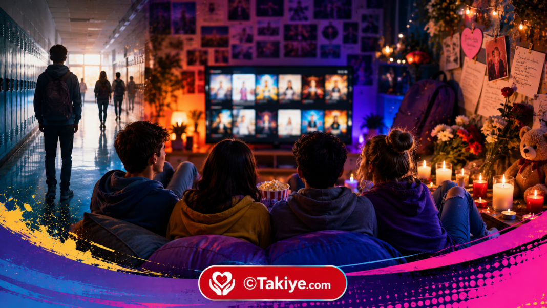 Netflix okul saldırısı filmleri temasını yansıtan, gençlerin film izlediği ve okul koridorlarının yer aldığı sinematik kolaj görseli.